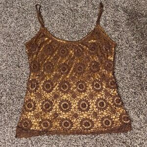 Y2K Linea Domani gold/brown beaded lace cami top with straps. Size M